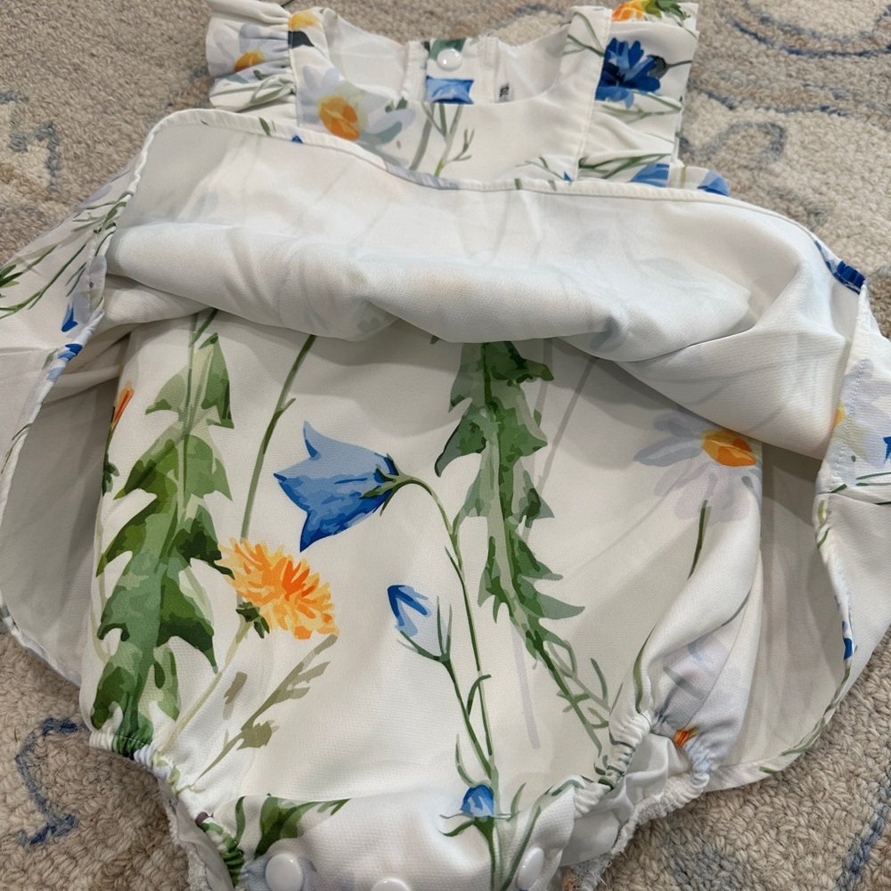 Floral Ruffle Baby Dress - White, Blue, Yellow - Picture 3 of 6